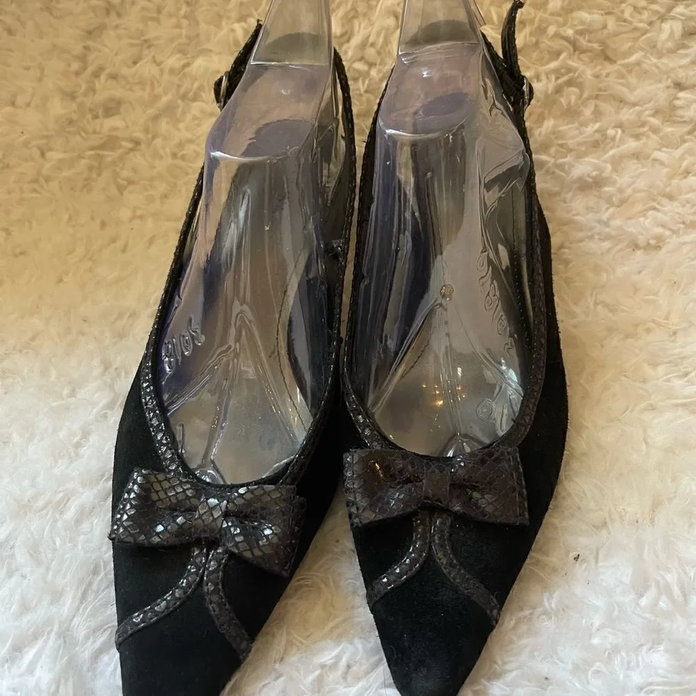 Merona Leather Suede Black with fabric bow and trim sling back3”heels shoes SZ10